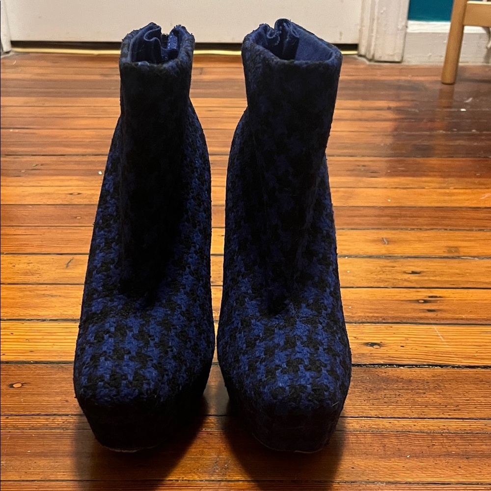 Betsey Johnson Blue Houndstooth Ankle Boots
